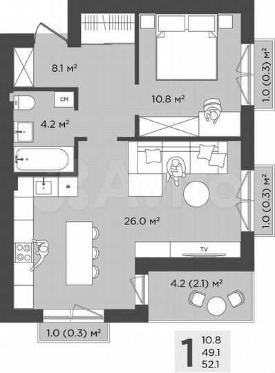 1-к. квартира, 52,1 м², 3/4 эт.