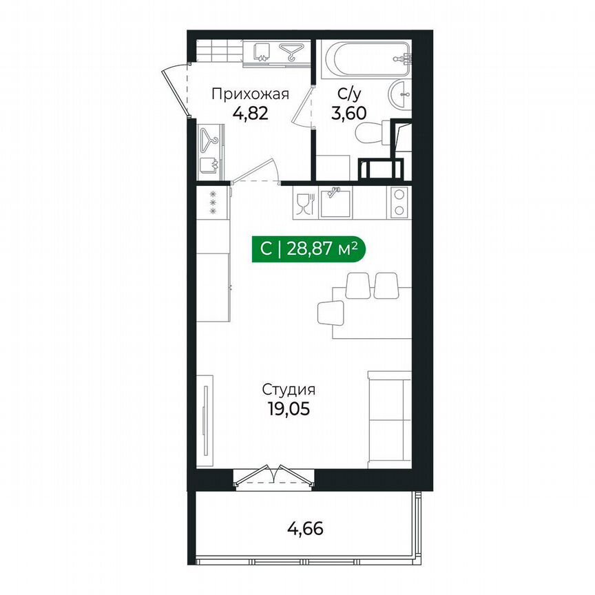 Квартира-студия, 28,9 м², 8/8 эт.