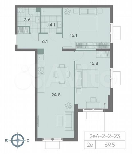 2-к. квартира, 69,5 м², 8/23 эт.