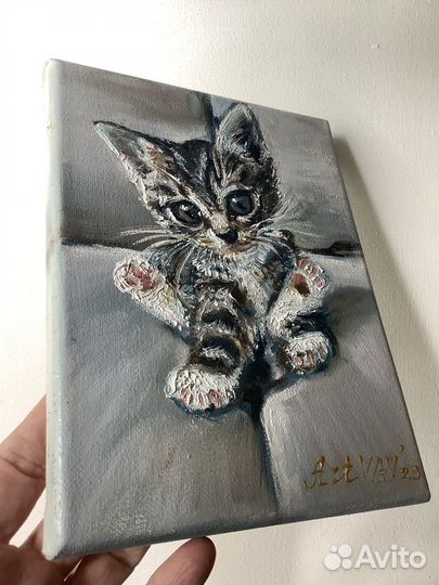Картина маслом Маленький котенок Холст 20х15 см