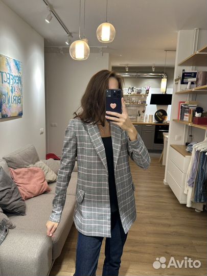 Пиджак «YOU” в клетку серо-розовый с поясом