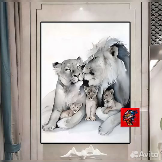 Современная интерьерная картина лев царица семья