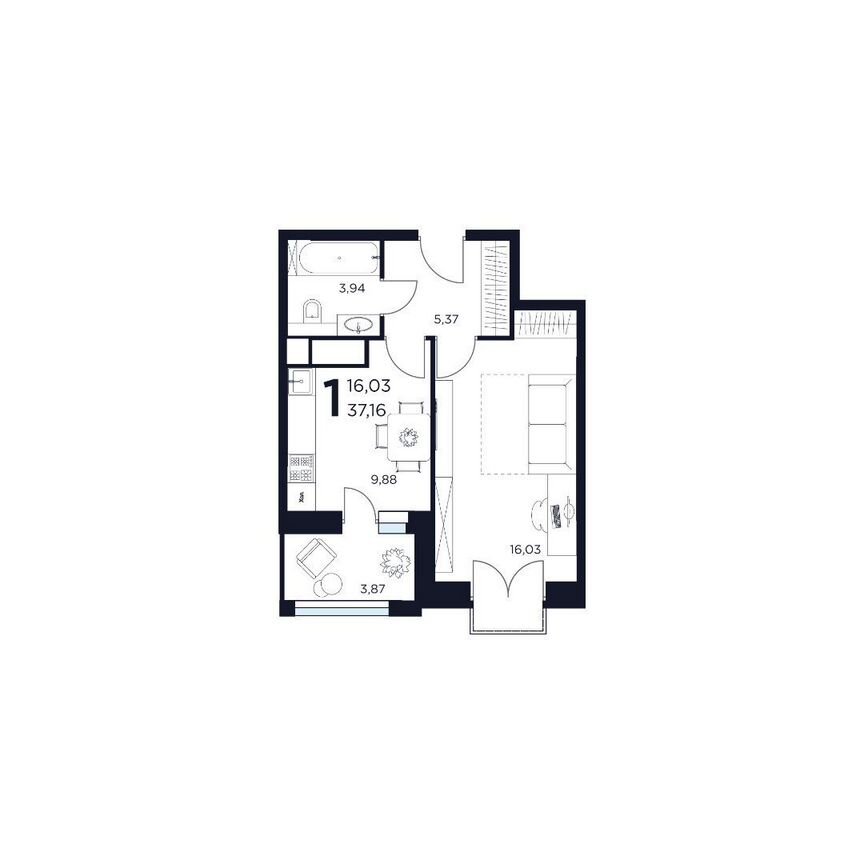 1-к. квартира, 37,2 м², 3/12 эт.