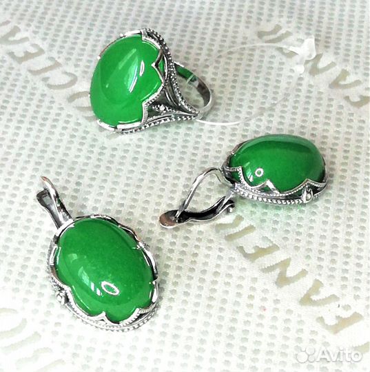 Серьги, кольцо серебрение хризопраз разм.18,0 С638