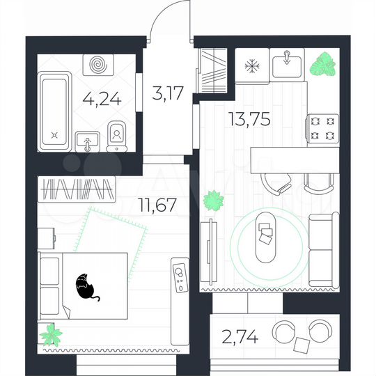 1-к. квартира, 34,2 м², 6/10 эт.