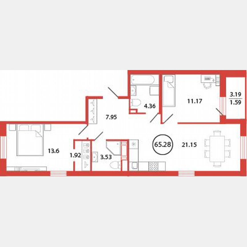 2-к. квартира, 65,3 м², 7/12 эт.
