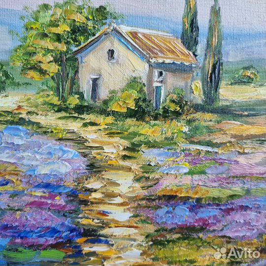 Картина маслом пейзаж Прованс лаванда цветы дом