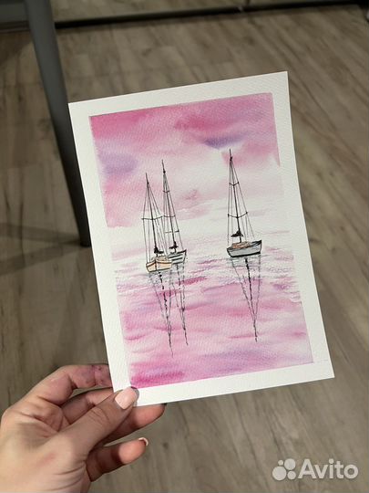 Кораблики картина акварелью А5