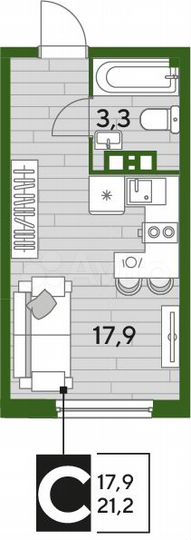 Квартира-студия, 21,2 м², 9/16 эт.