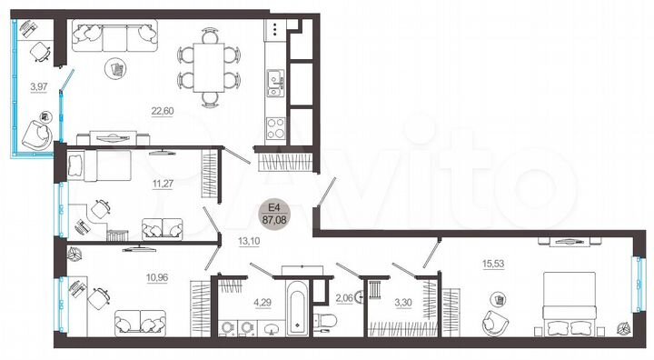 3-к. квартира, 87,1 м², 5/18 эт.