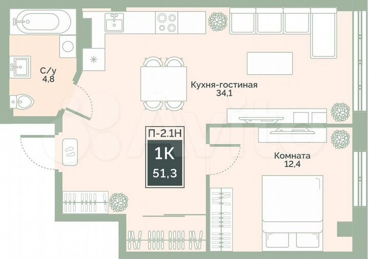 1-к. квартира, 51,3 м², 2/17 эт.