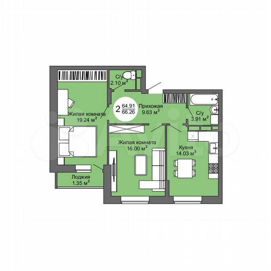 2-к. квартира, 66,3 м², 15/17 эт.