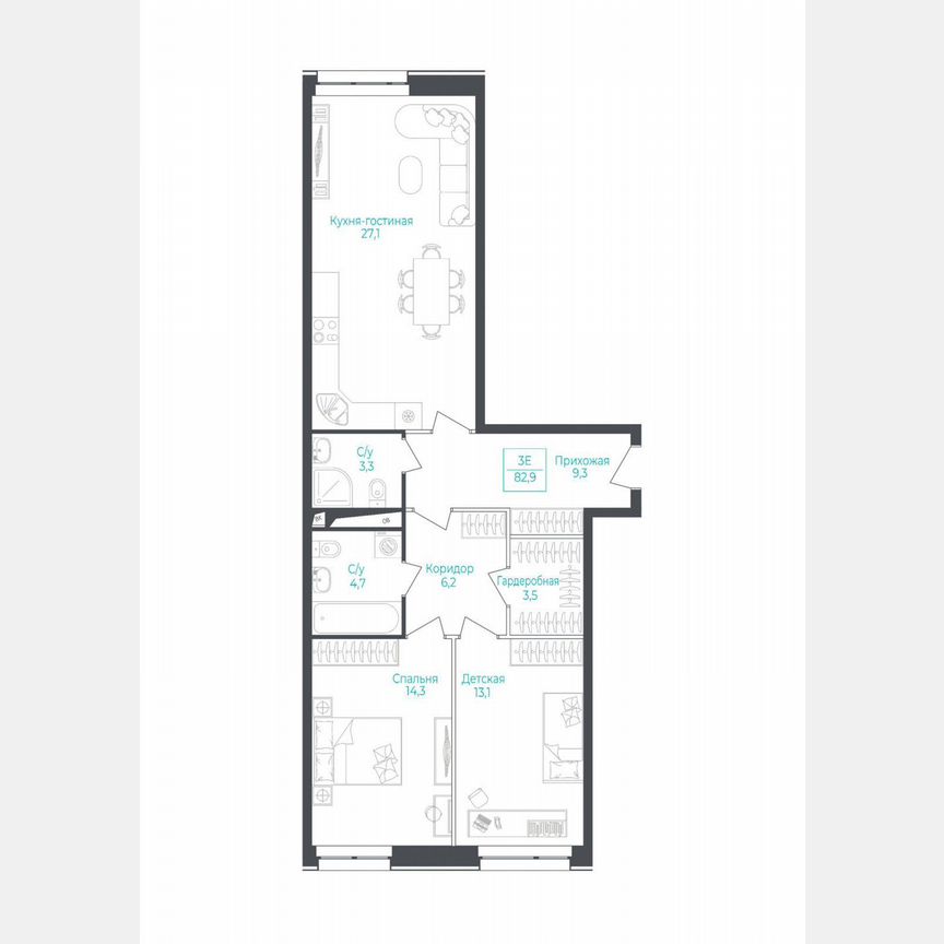 3-к. апартаменты, 82,9 м², 6/10 эт.