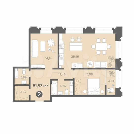 2-к. квартира, 81,5 м², 2/5 эт.