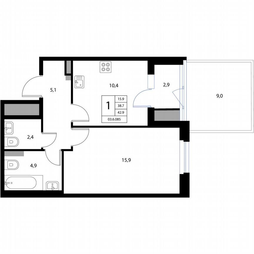 1-к. квартира, 42,9 м², 1/3 эт.