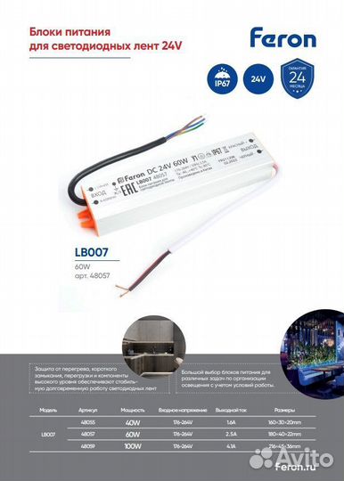 Блок питания для светодиодной ленты 60W 24V IP67