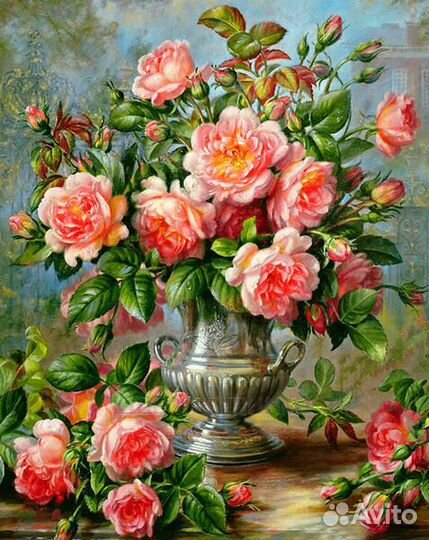 Картина по номерам 40x50 Розовые розы в серебряной