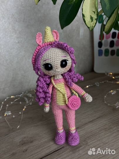 Вязаная игрушка кукла единорог ручной работы