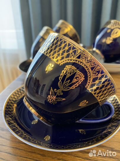 Чайная пара Золотой лотос Кобальт времен СССР