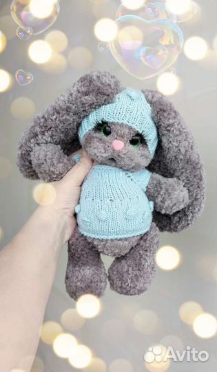 Меховой зайка вязаный, мягкий. Ручная работа