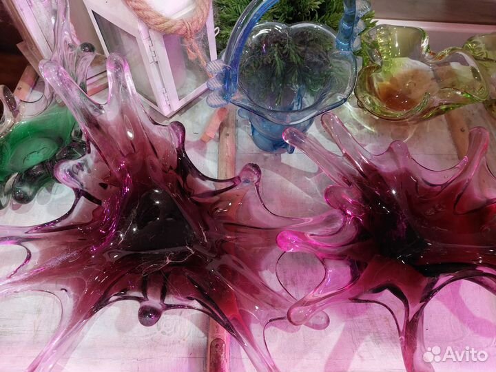 Ваза для фруктов цветное стекло Чехия