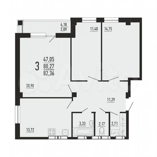 3-к. квартира, 82,4 м², 12/16 эт.
