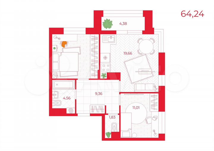 2-к. квартира, 64,2 м², 1/13 эт.