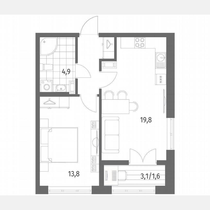 1-к. квартира, 44 м², 5/9 эт.