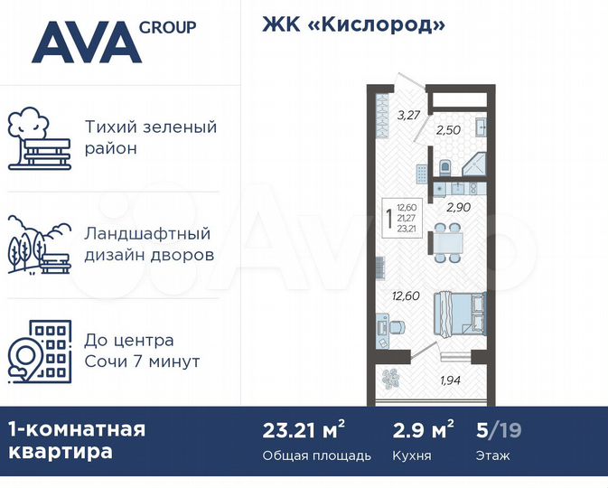 Квартира-студия, 23,2 м², 5/19 эт.