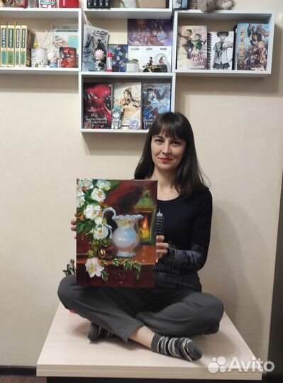 Натюрморт с сиренью в вазе маслом на холсте, цветы