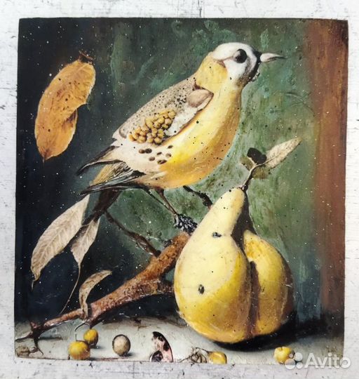 Картина на деревянном холсте.Птицы и фрукты