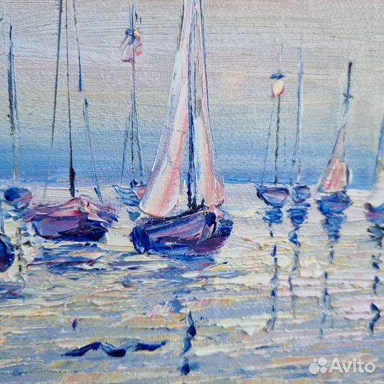 Морской пейзаж маслом картина с лодками берег моря