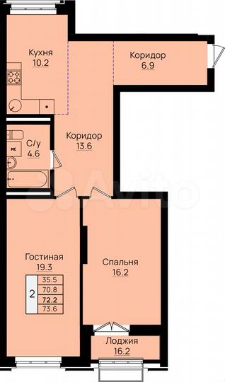 2-к. квартира, 72,2 м², 6/8 эт.