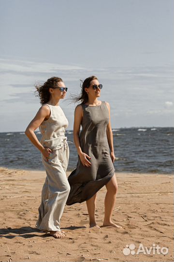 Льняное платье миди в цвете графит, XS-S