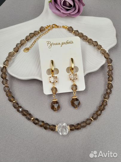 Чокер и серьги из дымчатого кварца раухтопаз