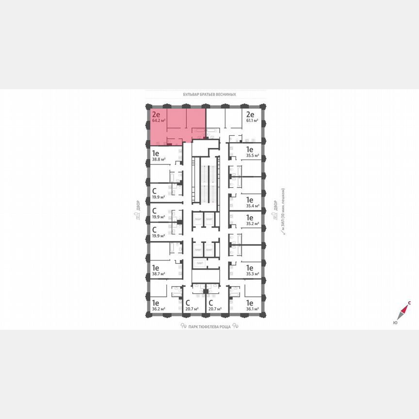 2-к. квартира, 64,2 м², 7/43 эт.
