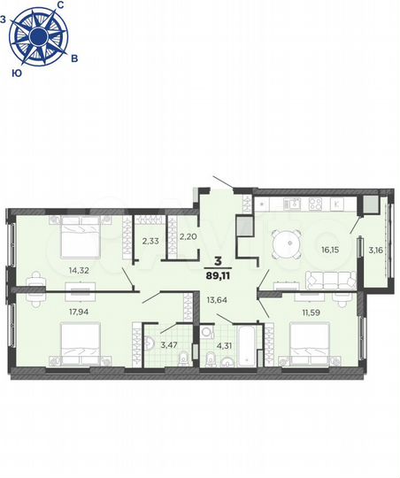 3-к. квартира, 89,1 м², 12/25 эт.