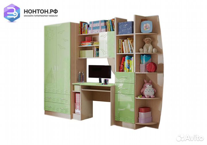 Стенка Юниор-2 салатовый металлик / дуб беленый