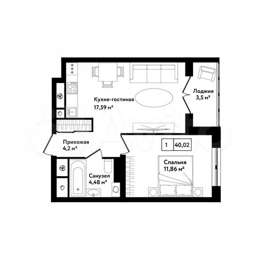1-к. квартира, 40 м², 5/25 эт.