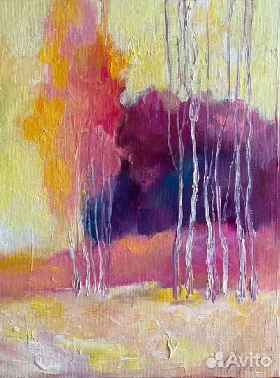 Картина маслом пейзаж лес утро березы холст