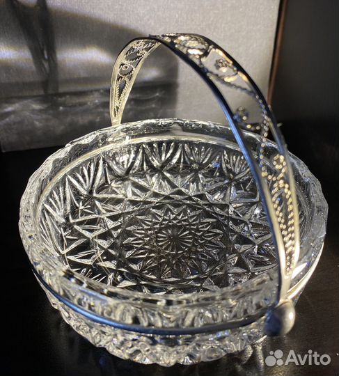 Хрустальная конфетница вазочка СССР мельхиор