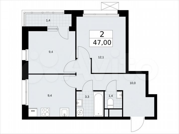 2-к. квартира, 47 м², 6/9 эт.