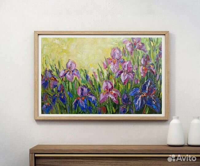 Картина ирисы маслом цветы на холсте 50х30 см