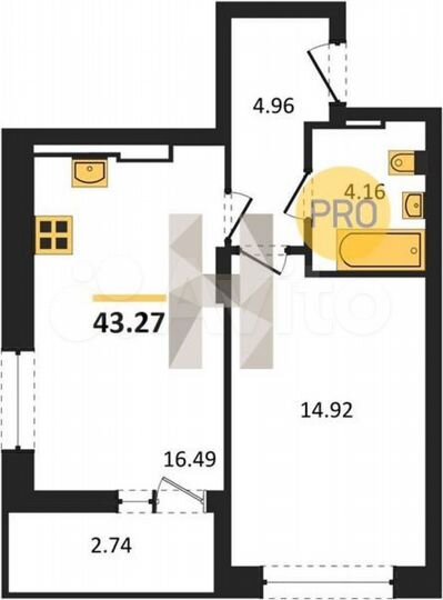 1-к. квартира, 43,3 м², 7/9 эт.