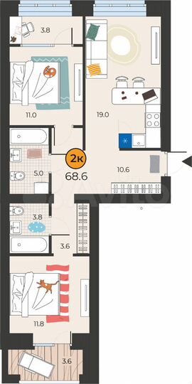 2-к. квартира, 68,6 м², 15/15 эт.