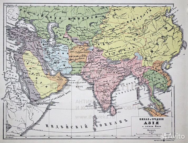 Старинная карта Южная,средняя Азия,земли Нила 19в