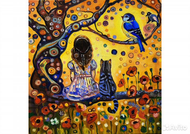 Девочка и котик картина маслом холст 30*30см