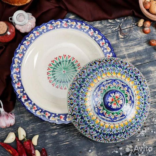 Блинница Риштанская Керамика 'Цветы', 32 см, синий