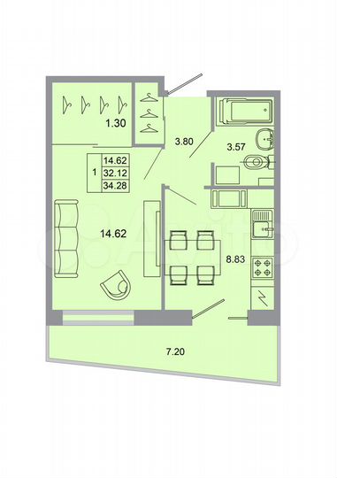 1-к. квартира, 34,3 м², 7/15 эт.