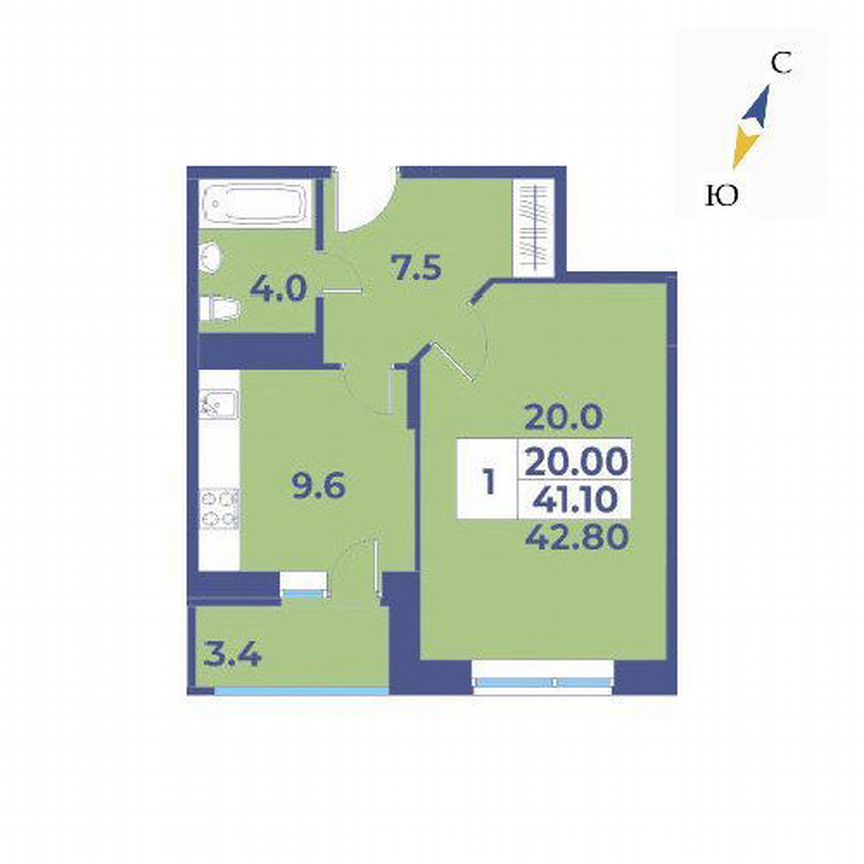 1-к. квартира, 42,8 м², 6/9 эт.